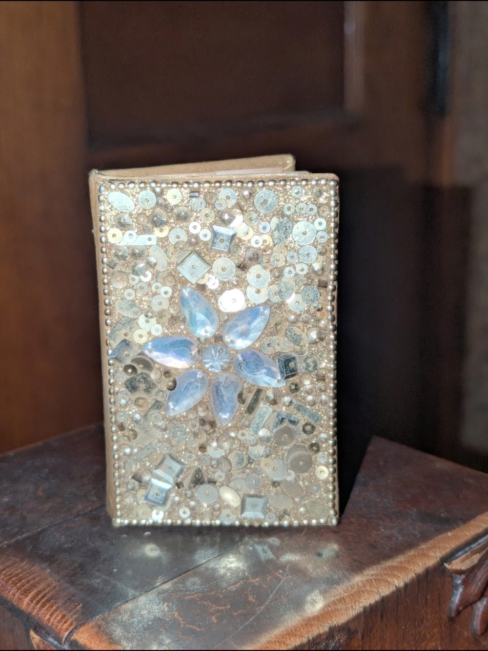 Retro Mini Journal Silky Fabric and Hand Laid Rhinestones Beaded